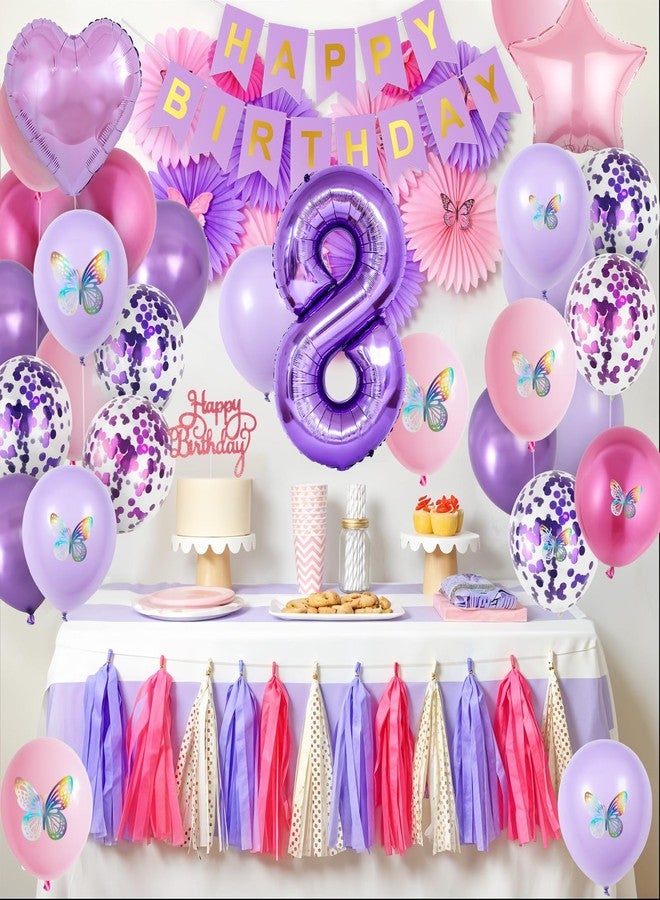Vibzox 8th Birthday Decorations for Girl,Pink Purple 8th Butterfly Decoration Birthday Balloons Pink Purple Banner Number 8 Balloons Cake Topper Butterfly Party Supplies for Girls - Image 5